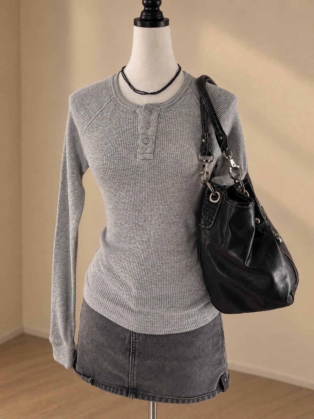 Aeropostale Gray Waffle Knit Henley Long Sleeve Top XS Y2K